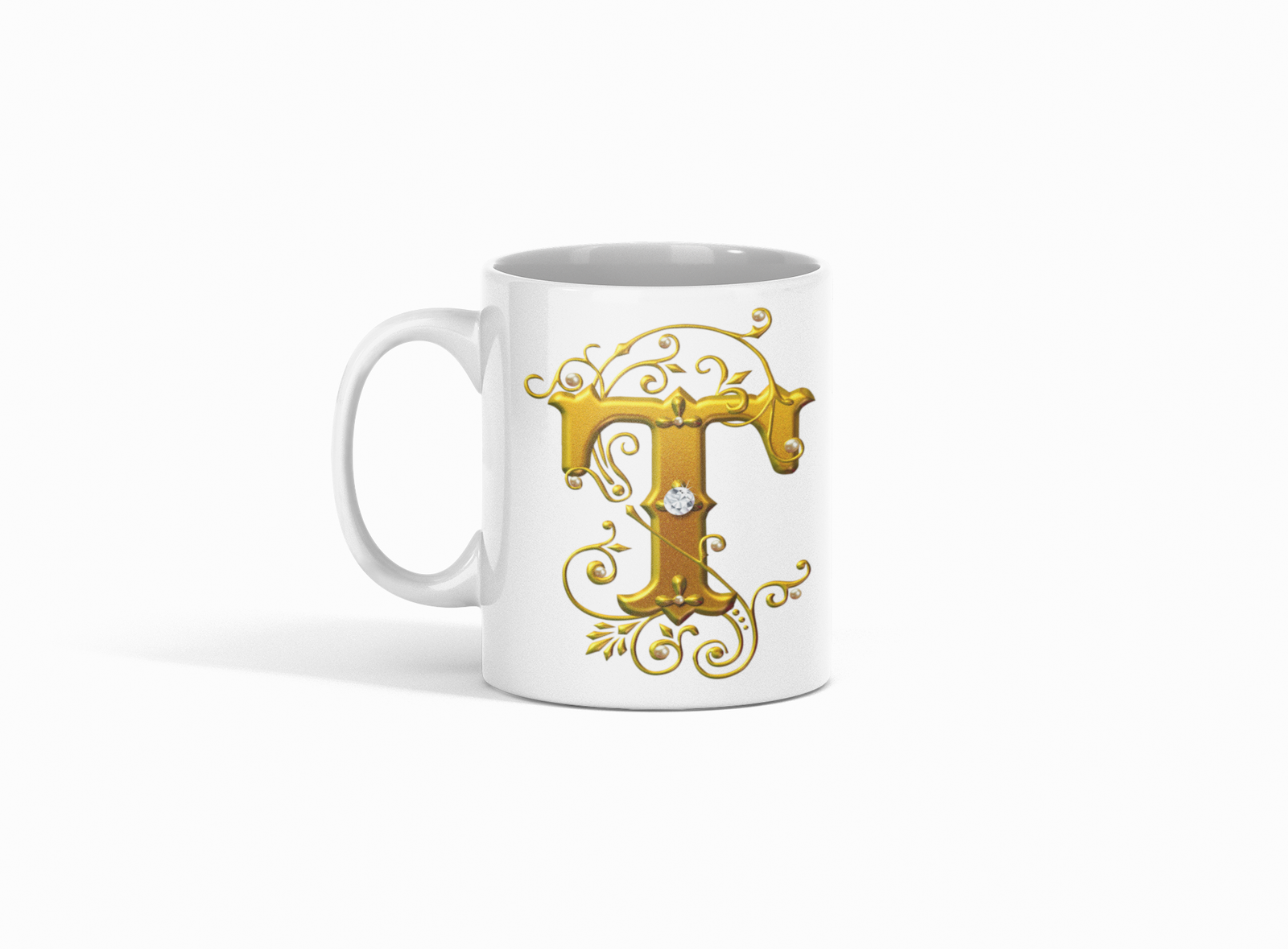 premium white coffee mug, featuring a stunning Designer "T" in golden gradient text