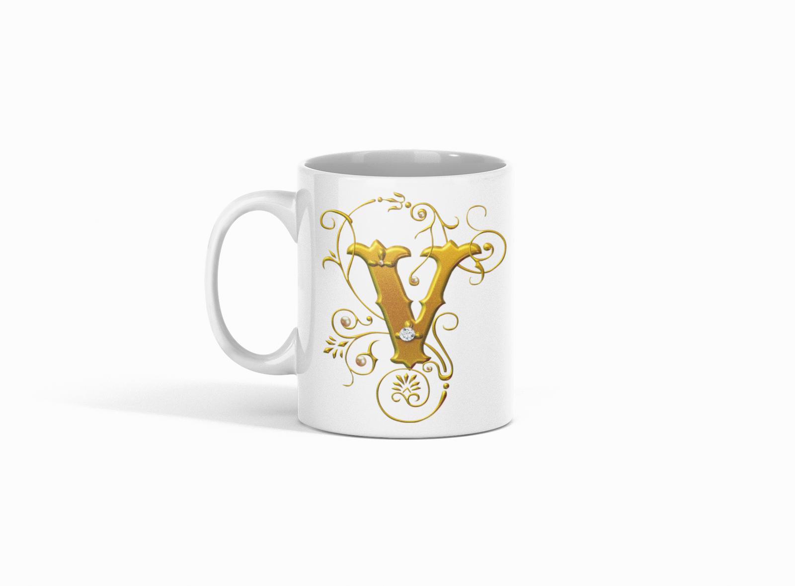 premium white coffee mug, featuring a sleek Designer "V" in golden gradient text