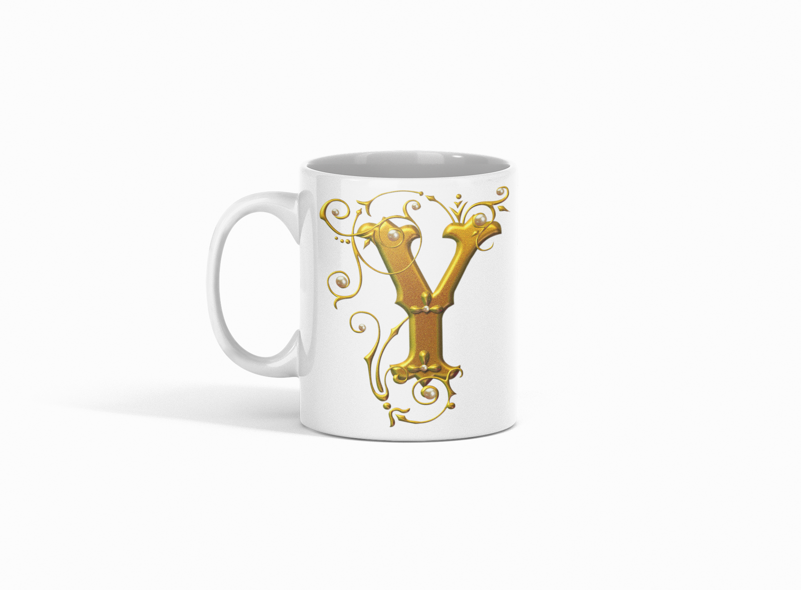 premium white coffee mug, featuring a sophisticated Designer "Y" in golden gradient text