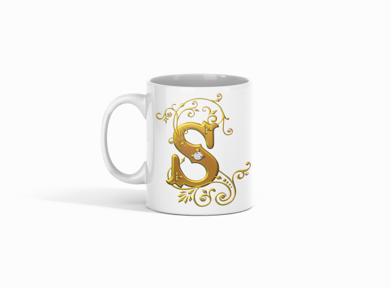 premium white coffee mug, featuring a stunning Designer "S" in golden gradient text.