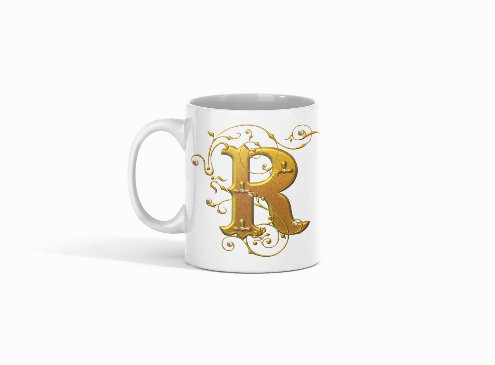 premium white coffee mug featuring a luxurious Designer "R" in golden gradient text