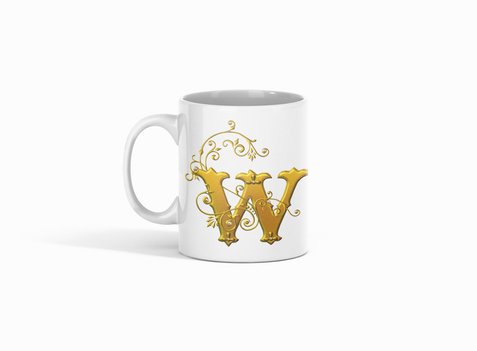 premium white coffee mug, featuring a chic Designer "W" in golden gradient text