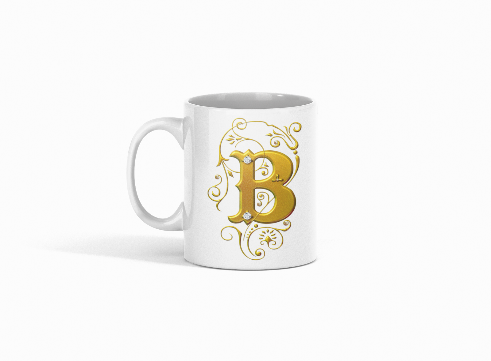 Premium white coffee mug, featuring a stunning Designer "B" in golden gradient text