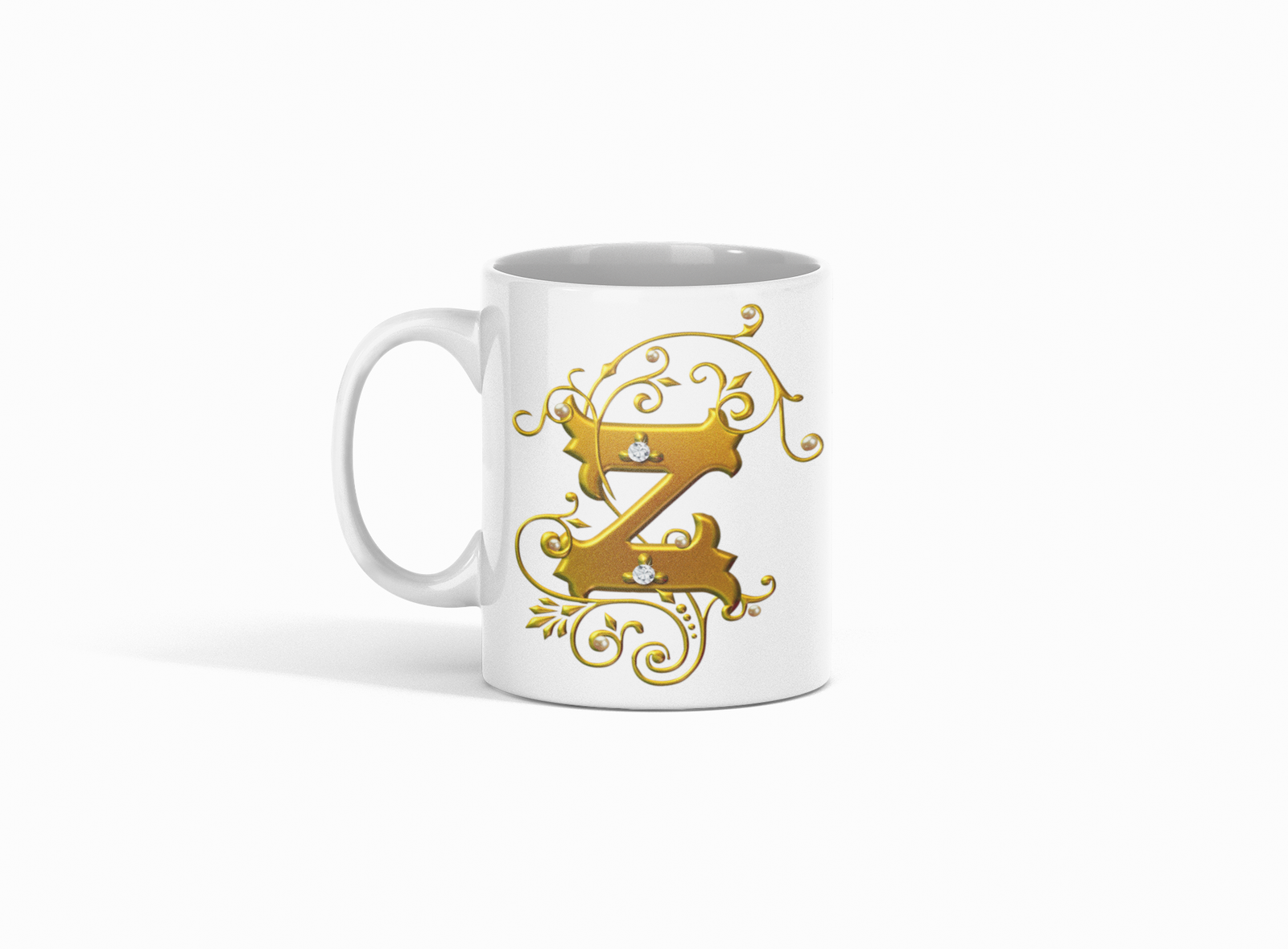 premium white coffee mug, featuring a bold Designer "Z" in golden gradient text