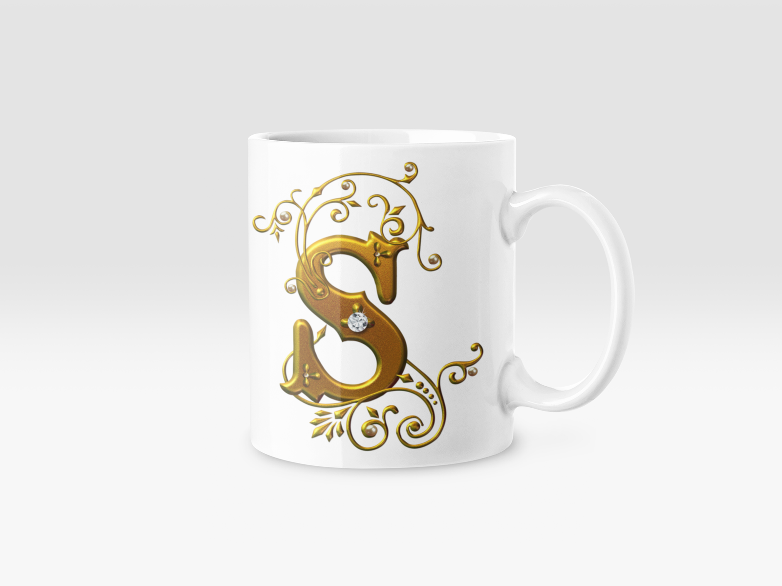 premium white coffee mug, featuring a stunning Designer "S" in golden gradient text.