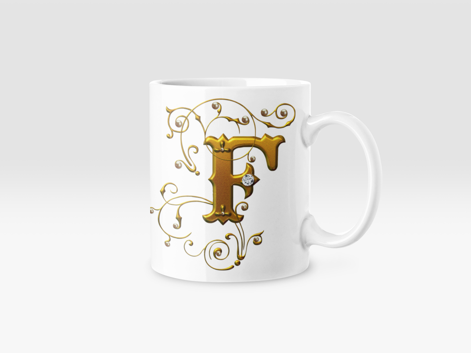 Shop the Elegant White Coffee Mug with a Designer "F" in Golden Gradient Text.