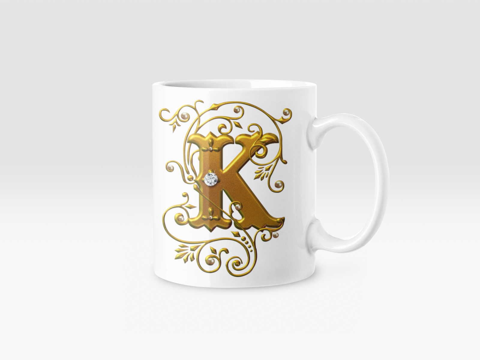 premium white coffee mug, featuring a refined Designer "K" in golden gradient text