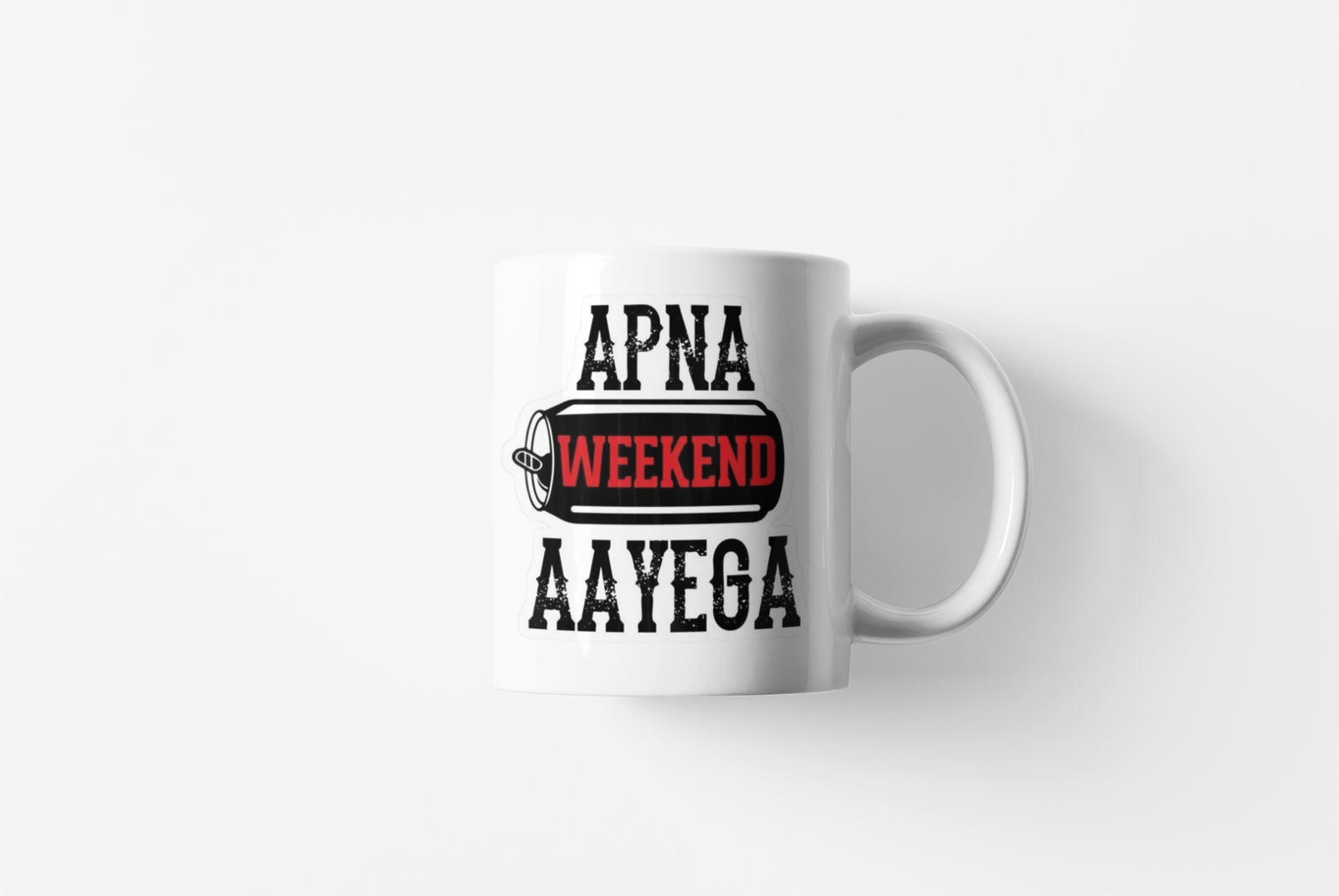 white coffee mug featuring "Apna Weekend Aayega"