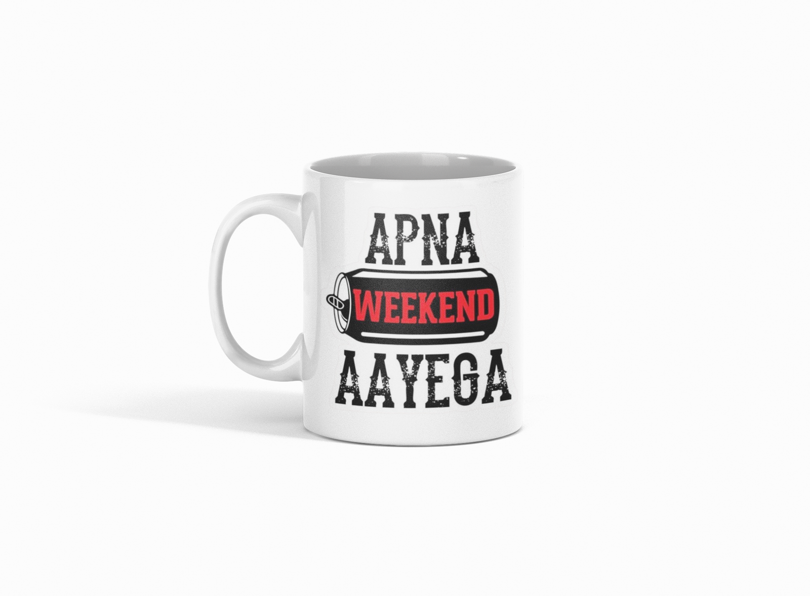 white coffee mug featuring "Apna Weekend Aayega"