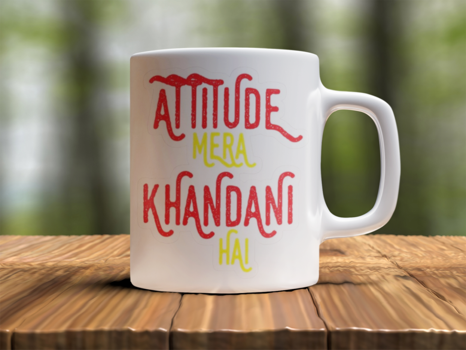 white coffee mug featuring "Attitude Mera Khandani Hai" text