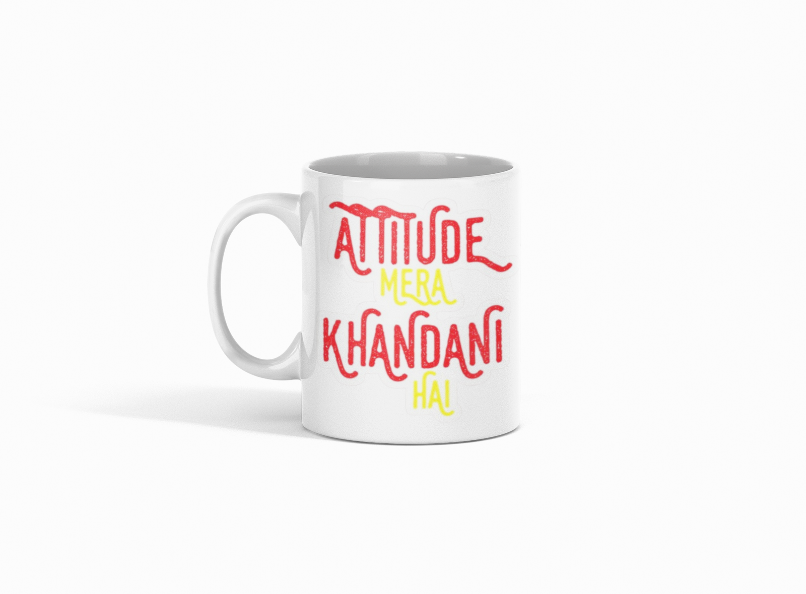 white coffee mug featuring "Attitude Mera Khandani Hai" text