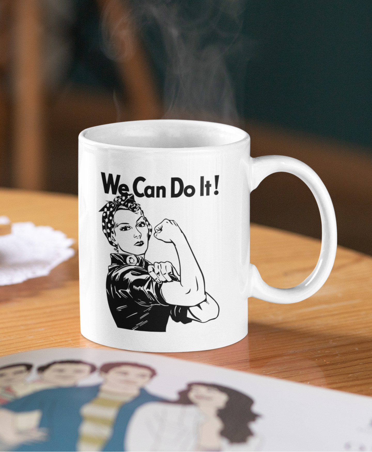 White Coffee Mug featuring the "We Can Do It" text