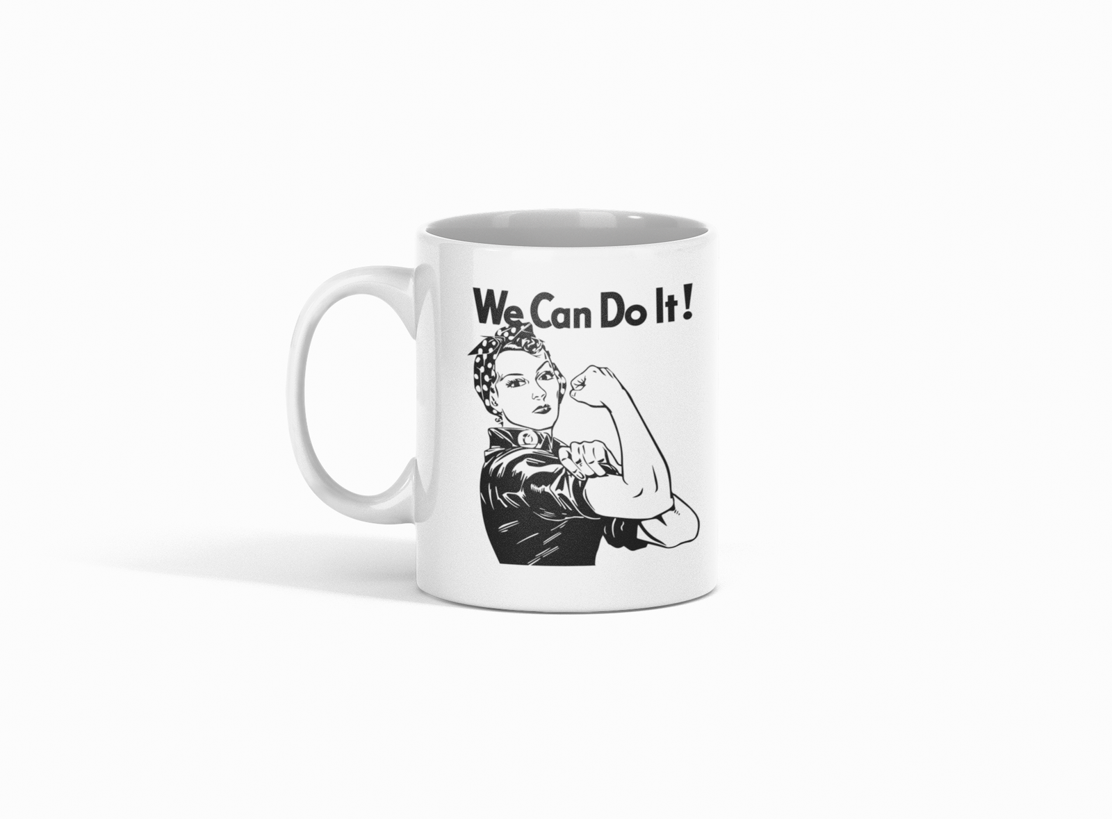 White Coffee Mug featuring the "We Can Do It" text