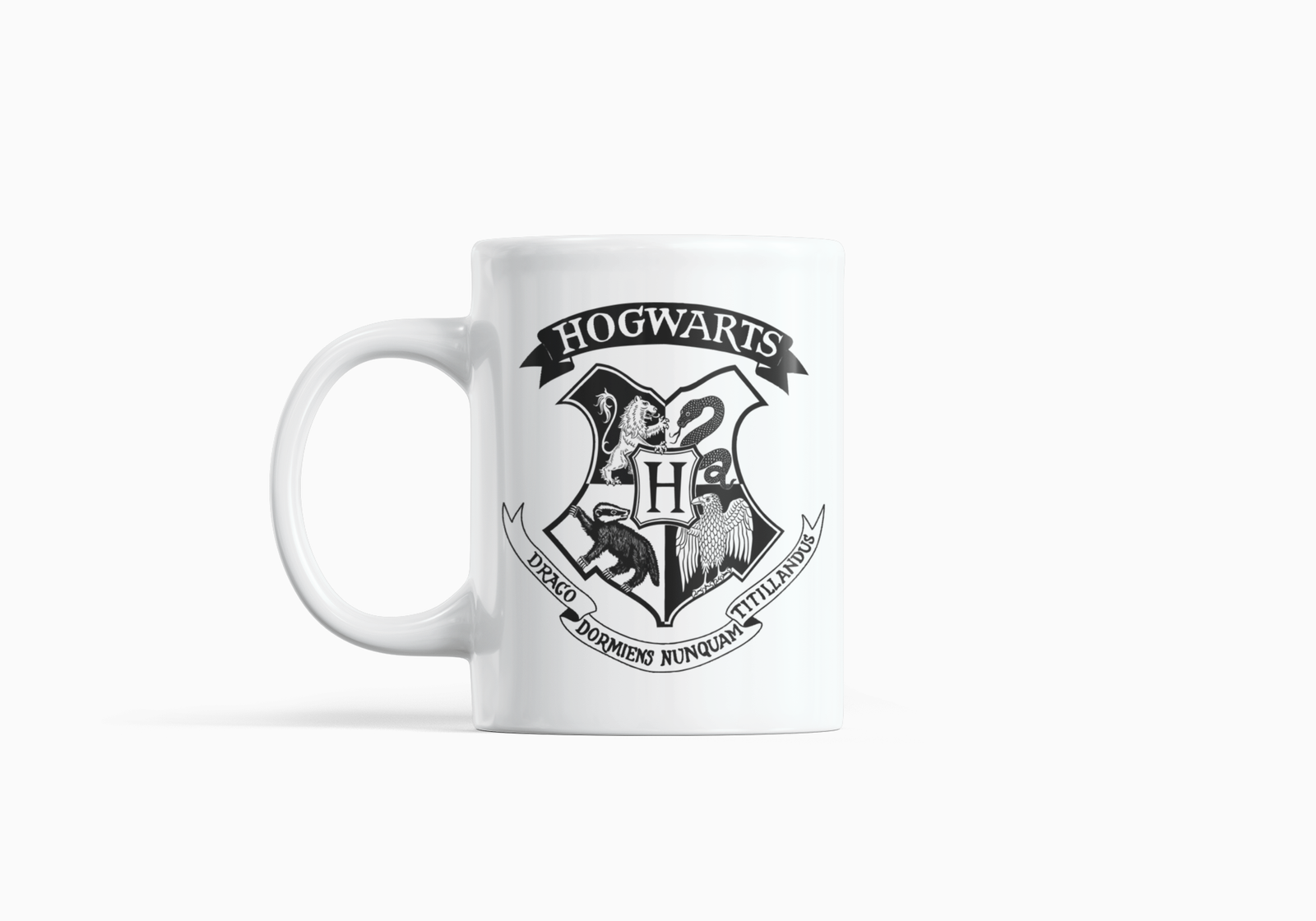 White Coffee Mug with "Hogwarts" Text & Hogwarts Crest