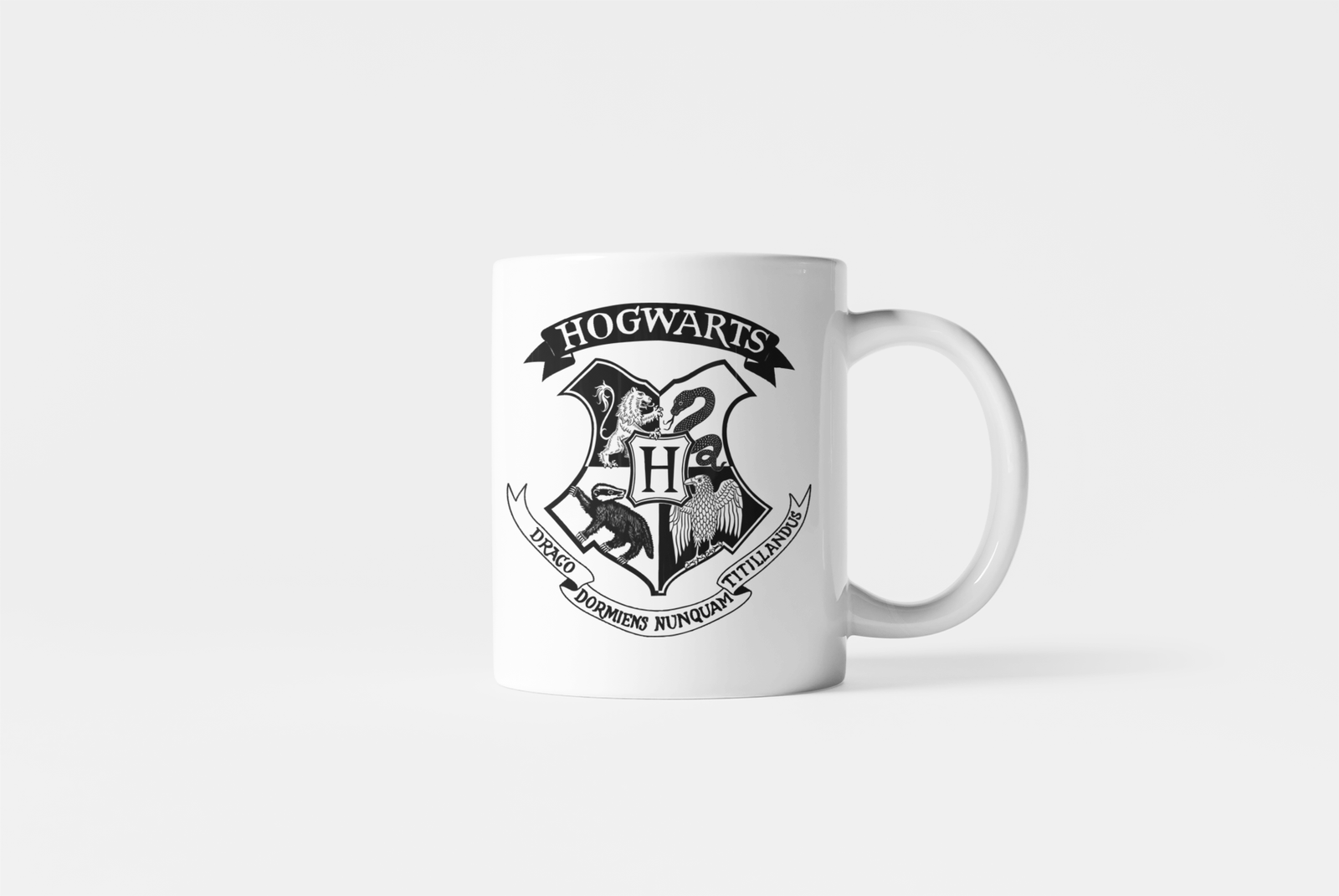 White Coffee Mug with "Hogwarts" Text & Hogwarts Crest