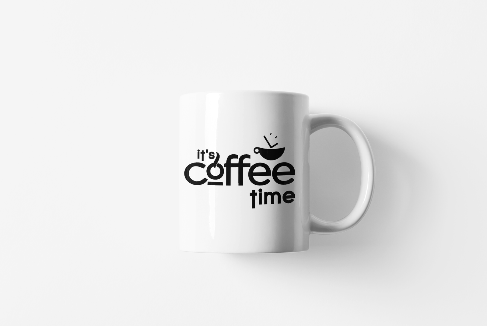 white ceramic coffee mug featuring "It's Coffee Time" in black text.