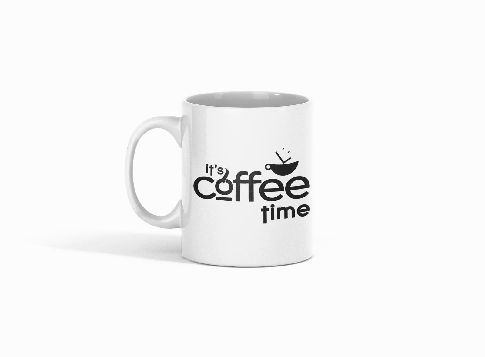 white ceramic coffee mug featuring "It's Coffee Time" in black text.