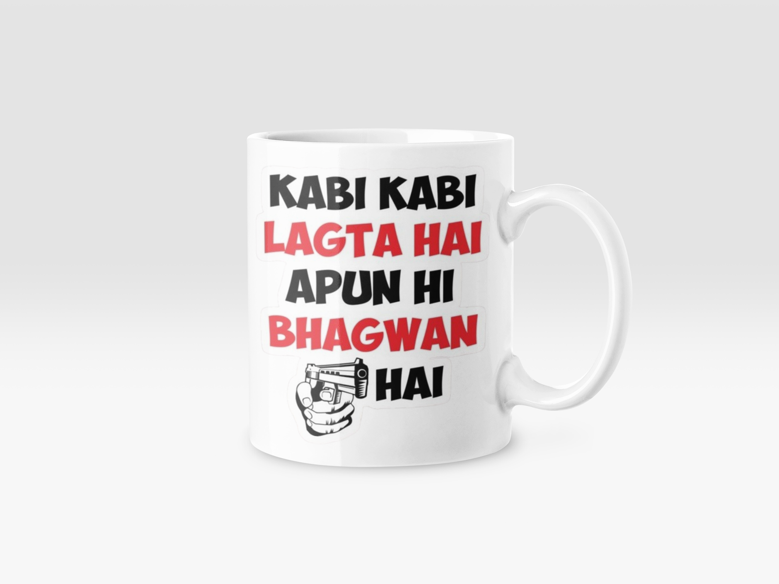 white coffee mug featuring the Hinglish quote "Kabi Kabi Lagta Hai Apun Hi Bhagwan Hai