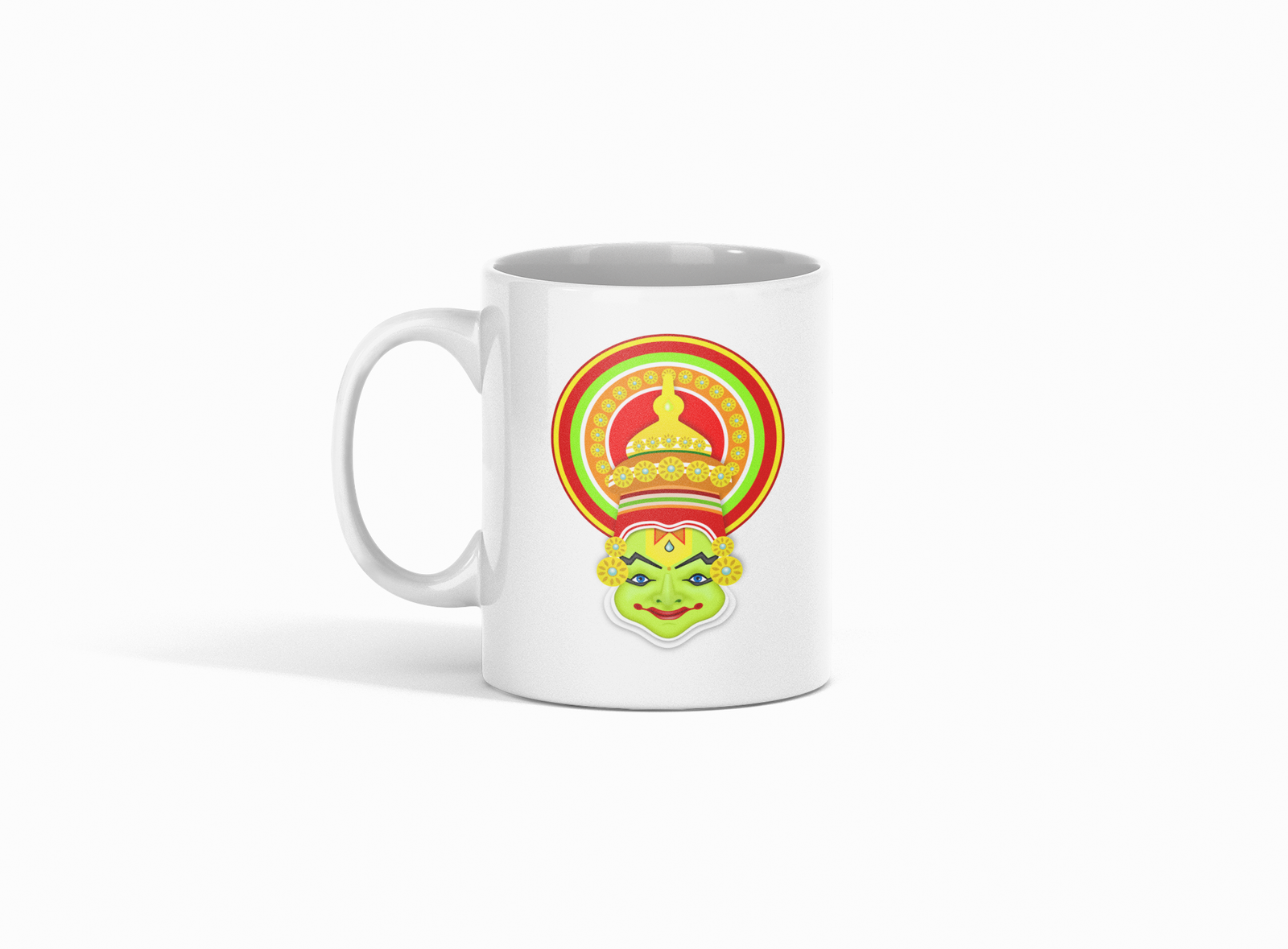 white coffee mug featuring a detailed Kathakali icon print