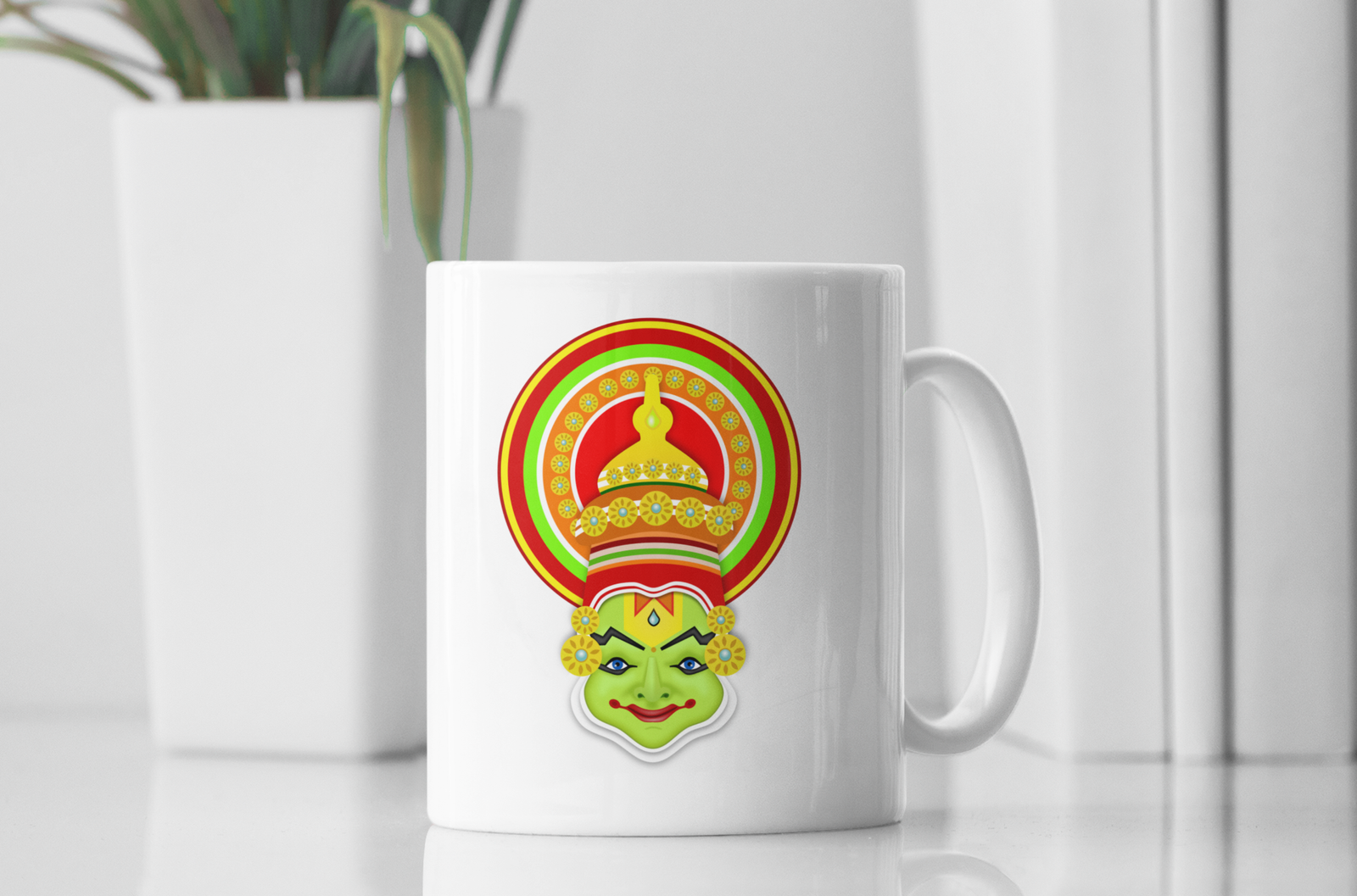 white coffee mug featuring a detailed Kathakali icon print