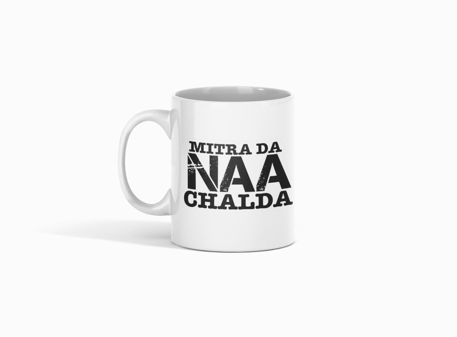 white coffee mug featuring "Mitra Da Naa Chalda" in black