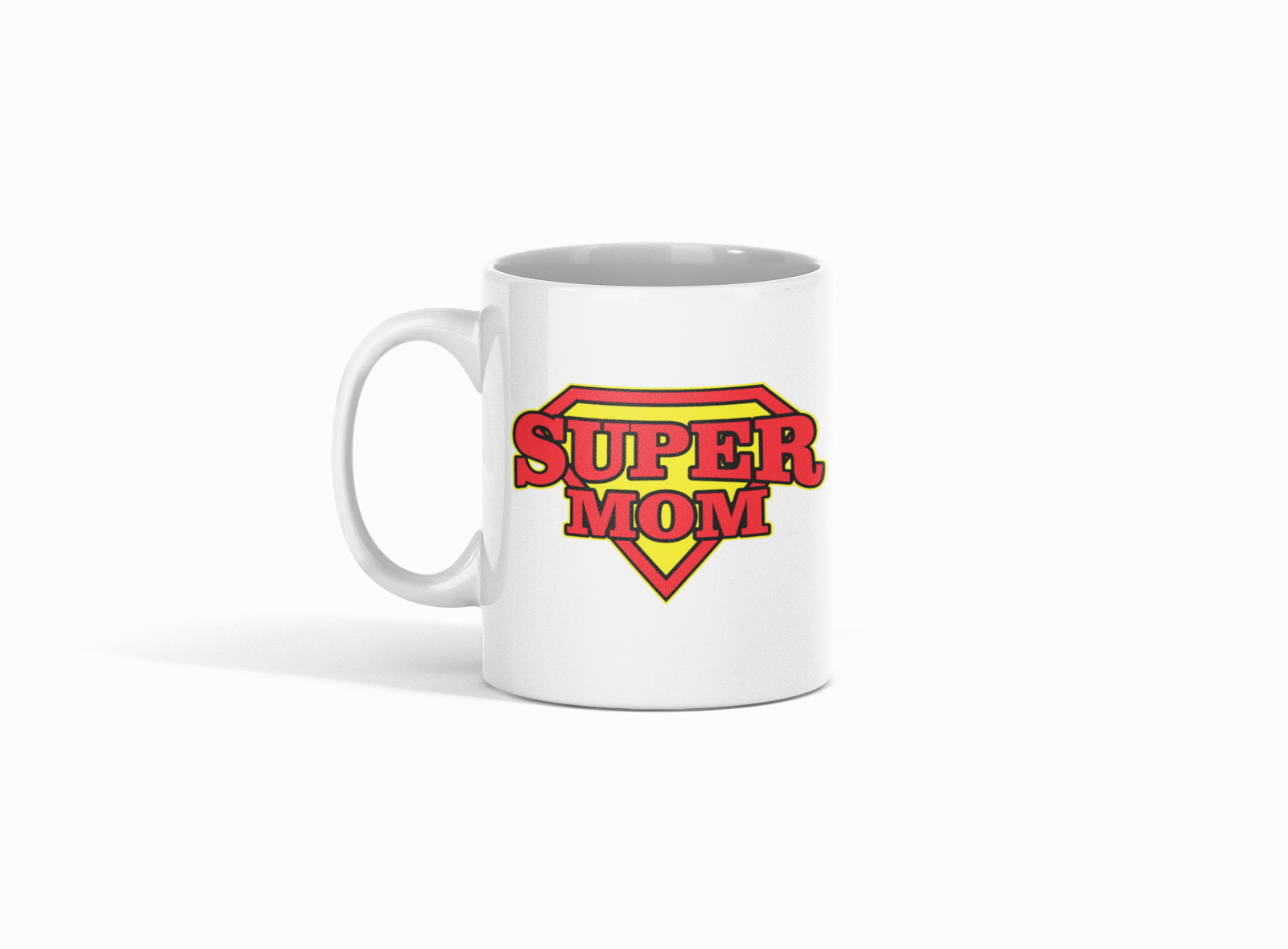 White Coffee Mug featuring "Super Mom" text in Superman logo format