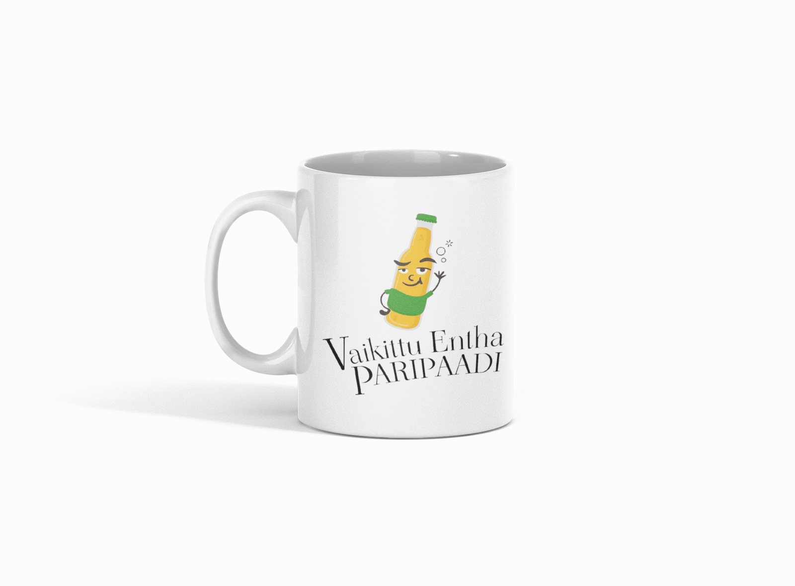 Malayali phrase "Vaikittu Entha Paripaadi" with a bottle print