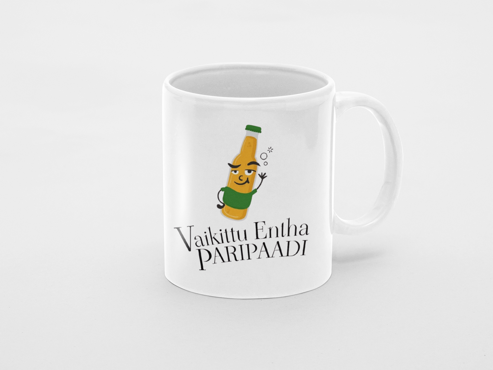 Malayali phrase "Vaikittu Entha Paripaadi" with a bottle print