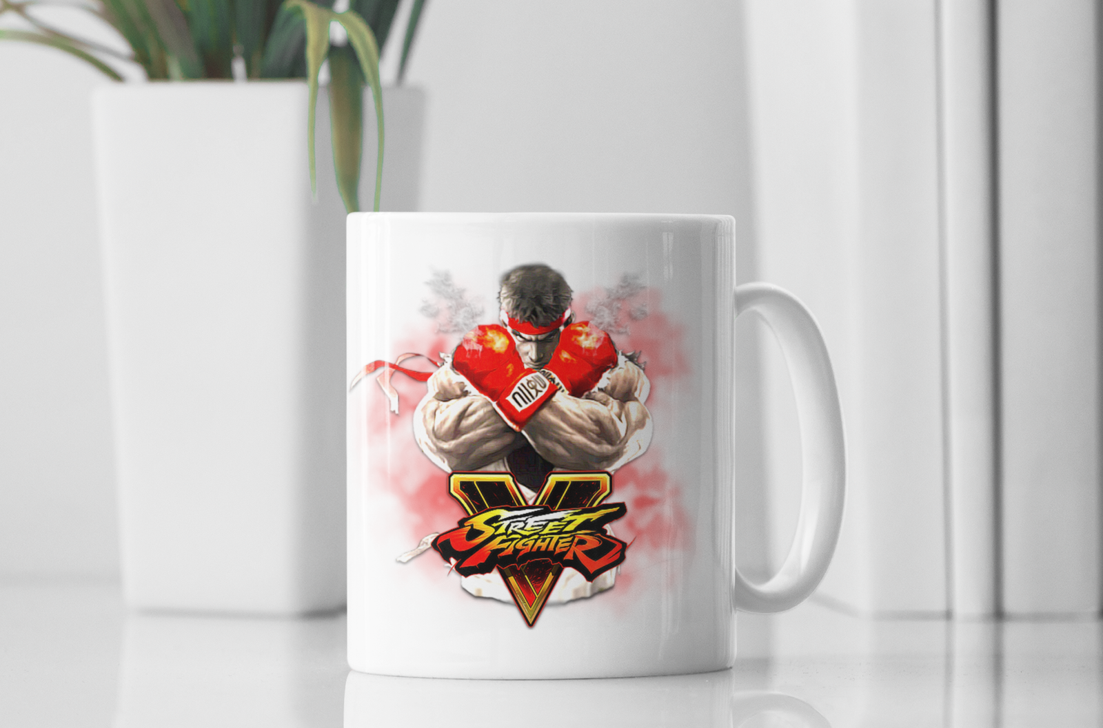 White Coffee Mug featuring a colorful Street Fighter print