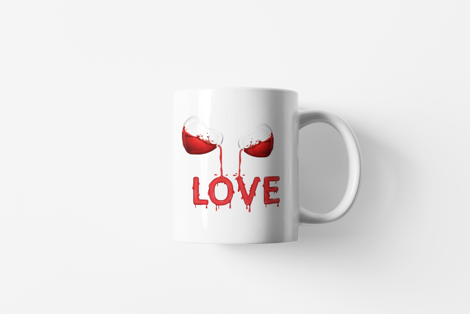 white coffee mug featuring "Love" in red with a heart liquid design