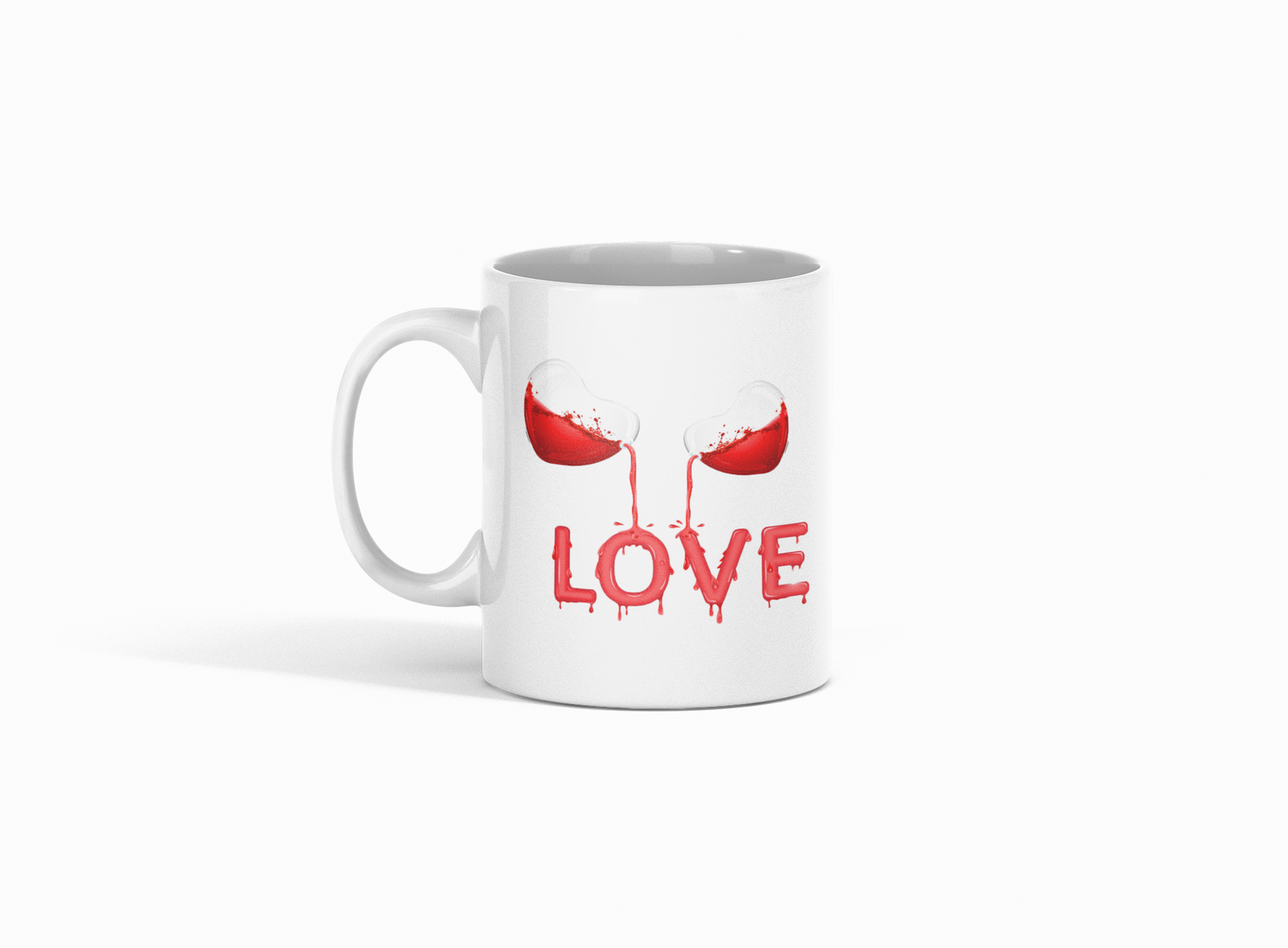 white coffee mug featuring "Love" in red with a heart liquid design