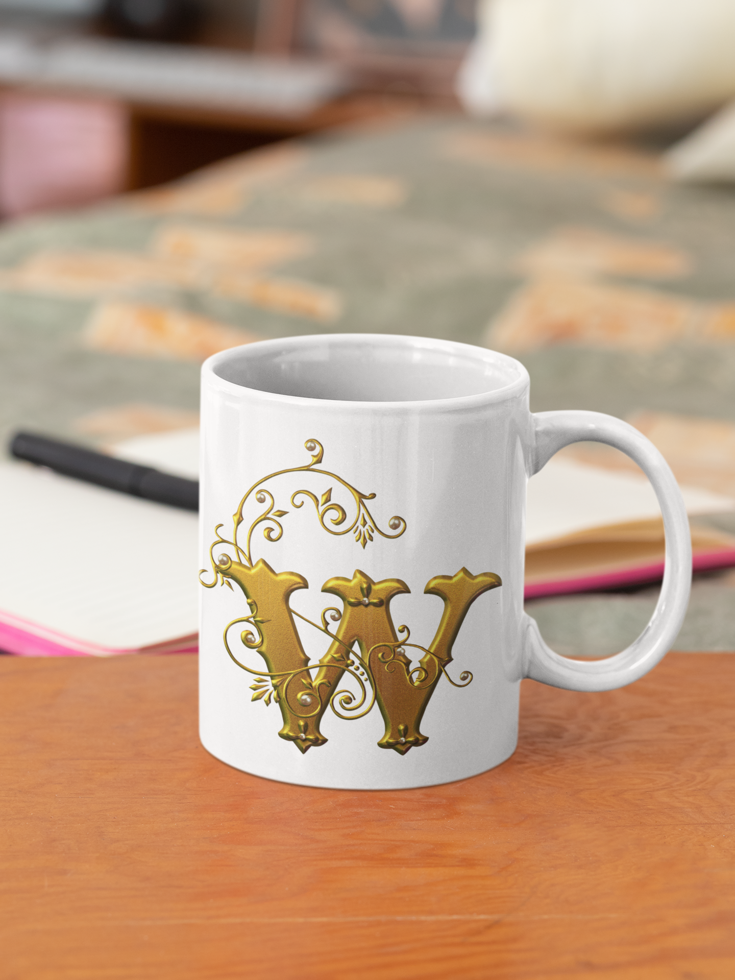 premium white coffee mug, featuring a chic Designer "W" in golden gradient text