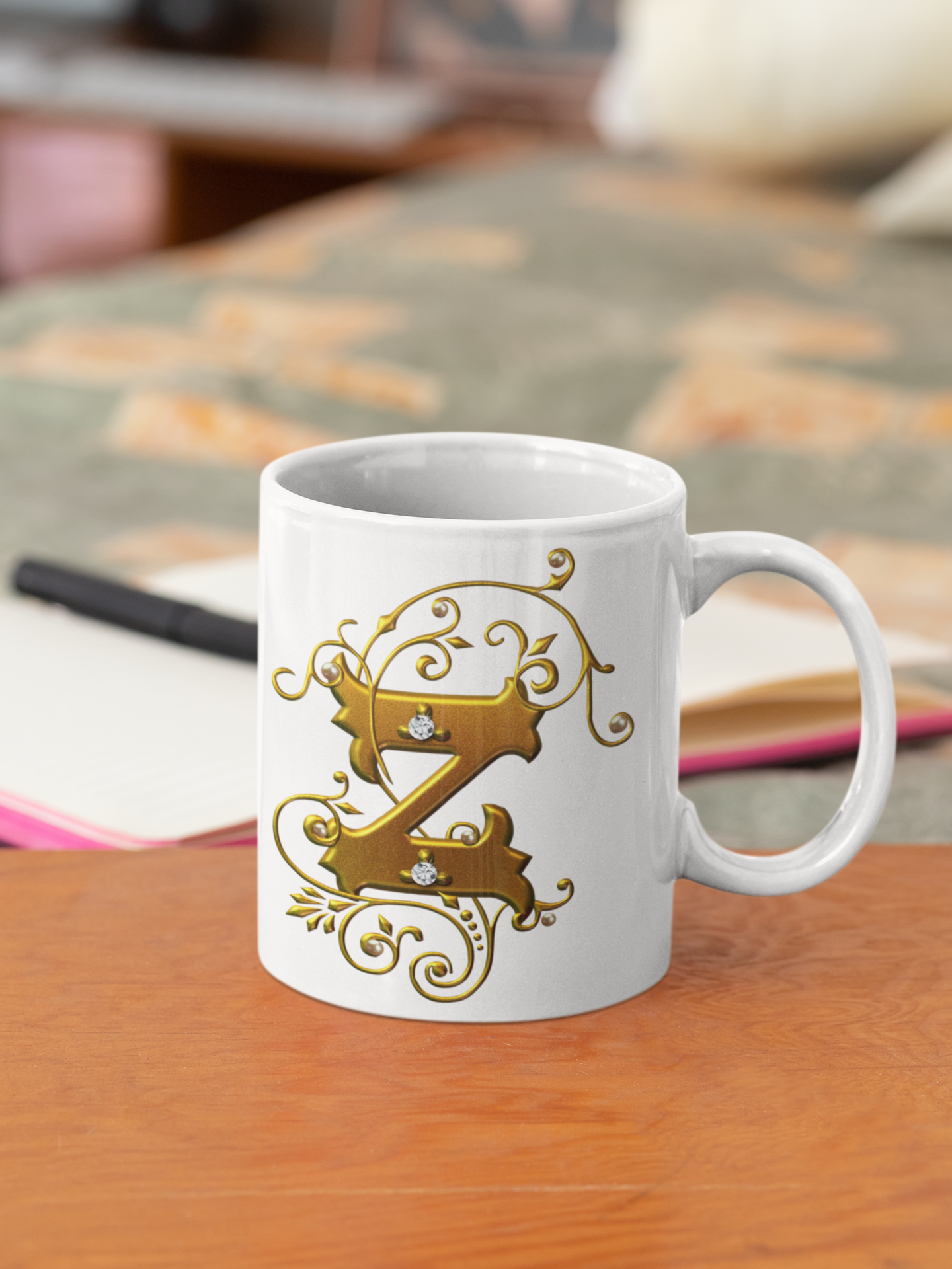 premium white coffee mug, featuring a bold Designer "Z" in golden gradient text