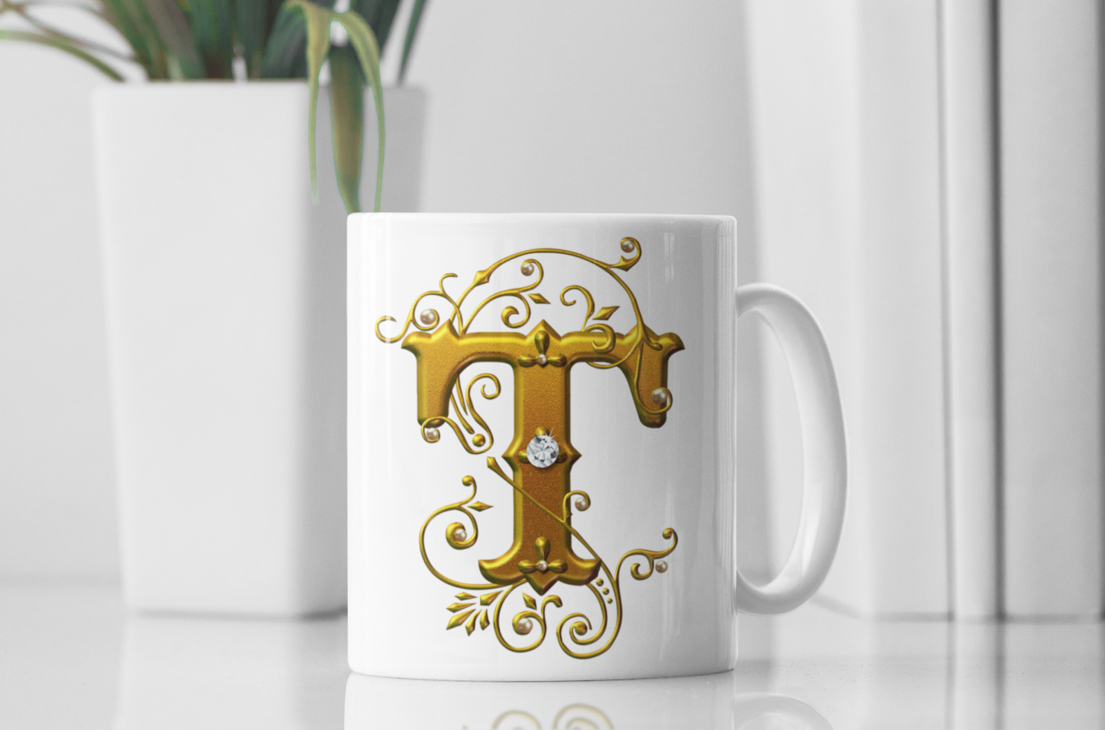 premium white coffee mug, featuring a stunning Designer "T" in golden gradient text