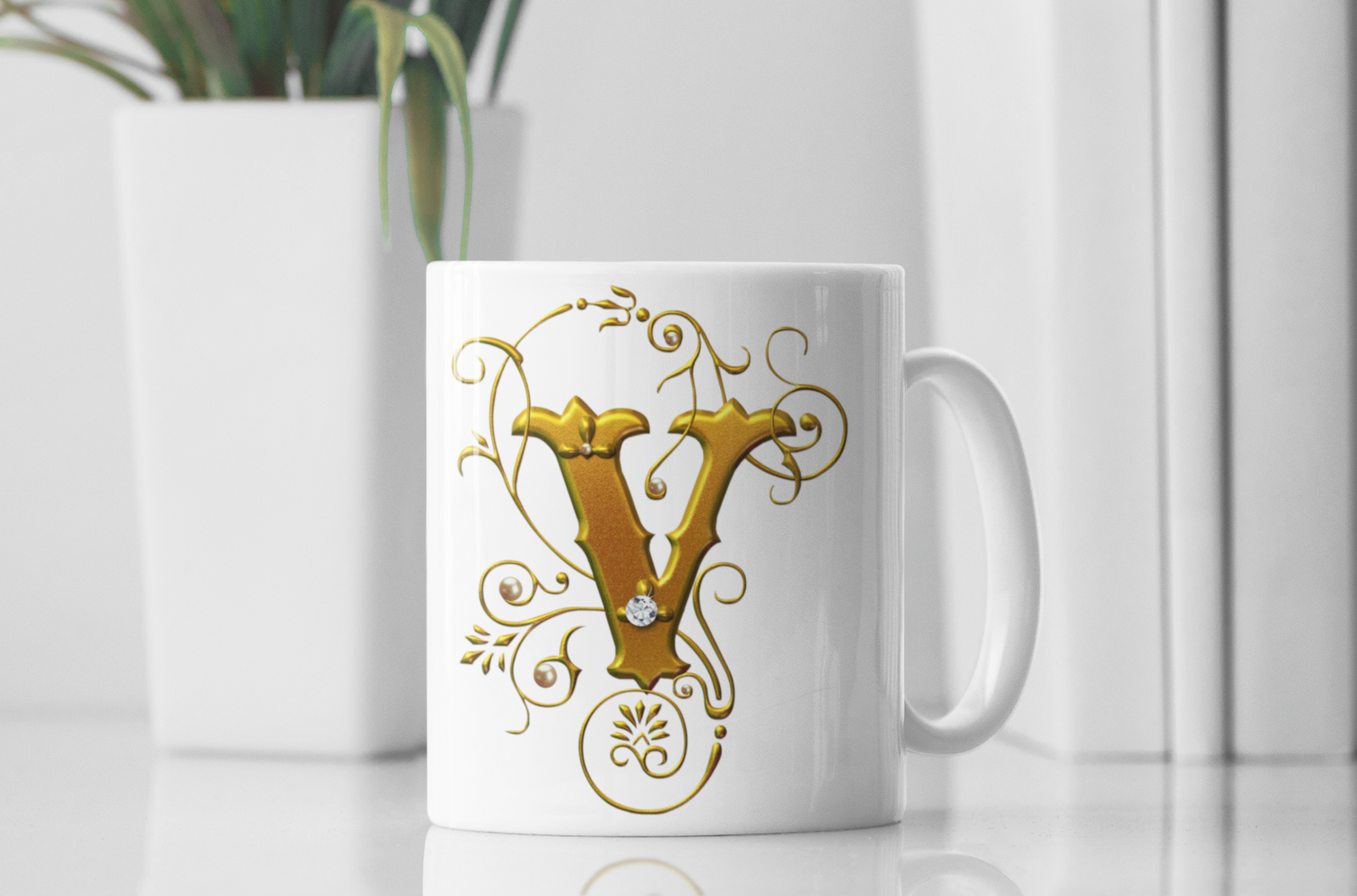 premium white coffee mug, featuring a sleek Designer "V" in golden gradient text