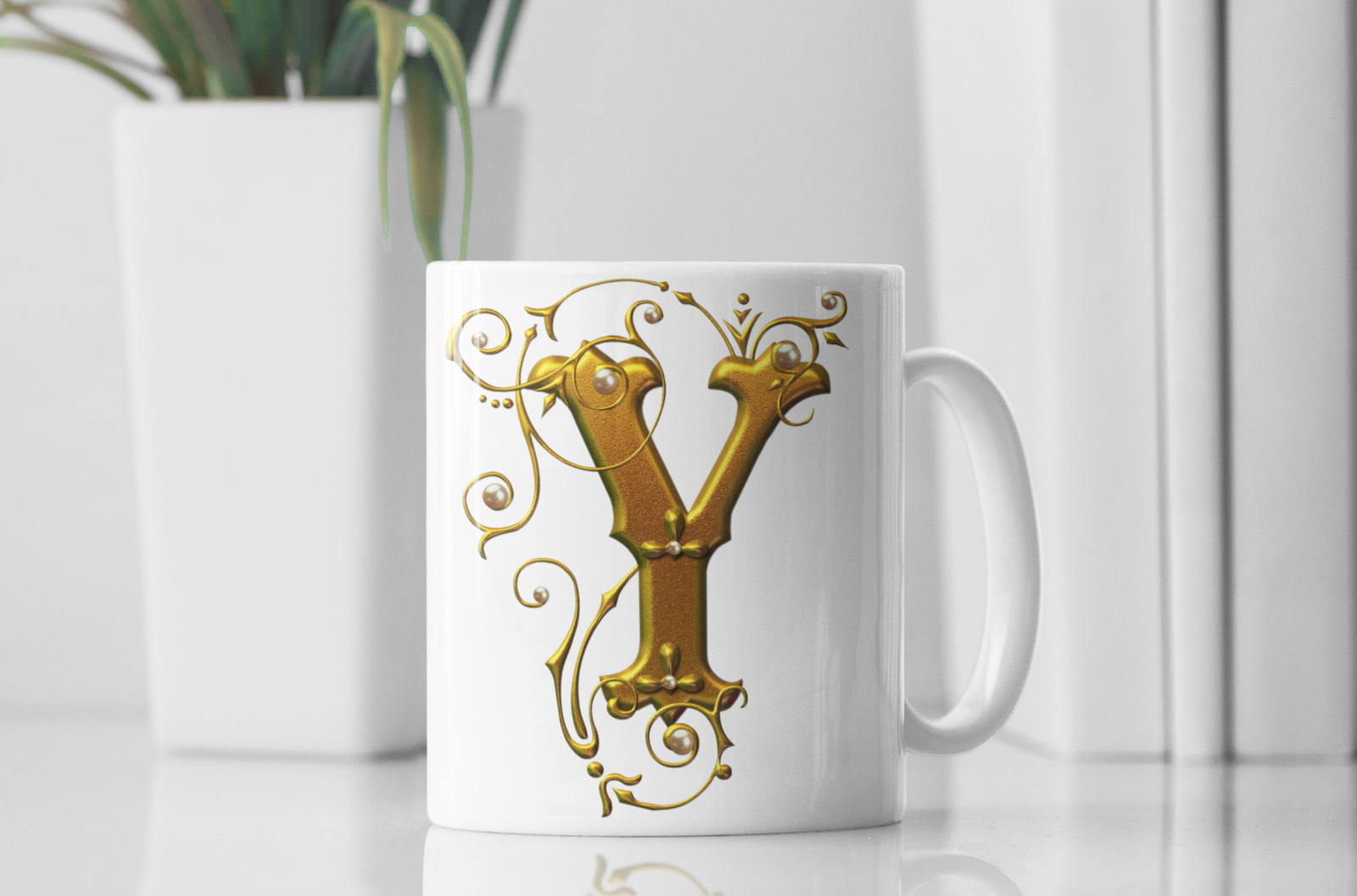 premium white coffee mug, featuring a sophisticated Designer "Y" in golden gradient text