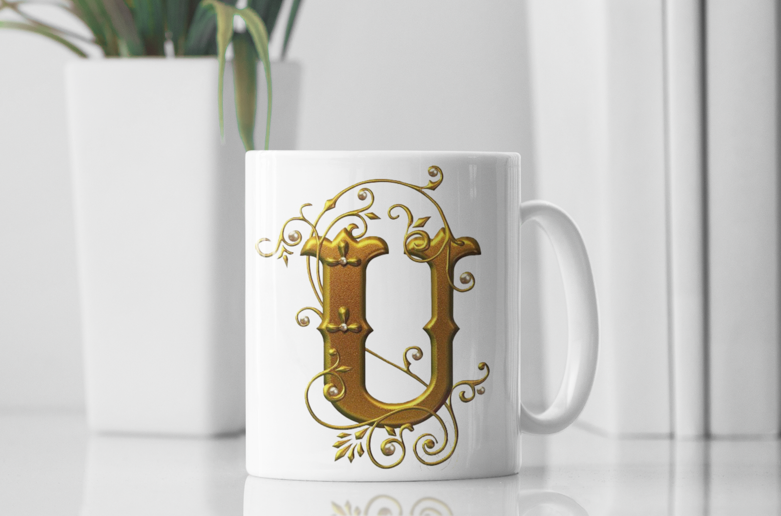 premium white coffee mug, featuring a stylish Designer "U" in golden gradient text