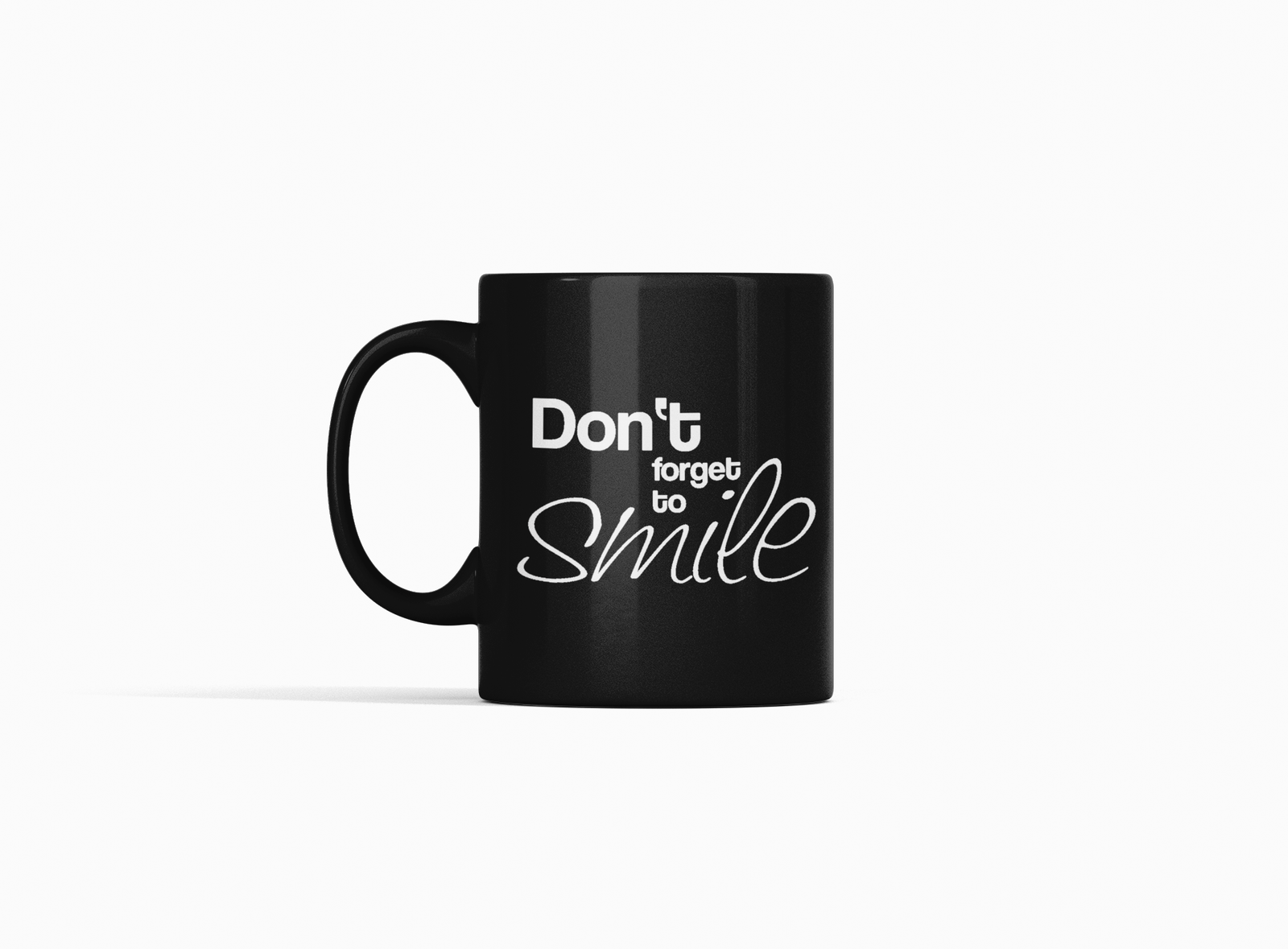 Black Coffee Mug – "Don't Forget to Smile" Motivational Print