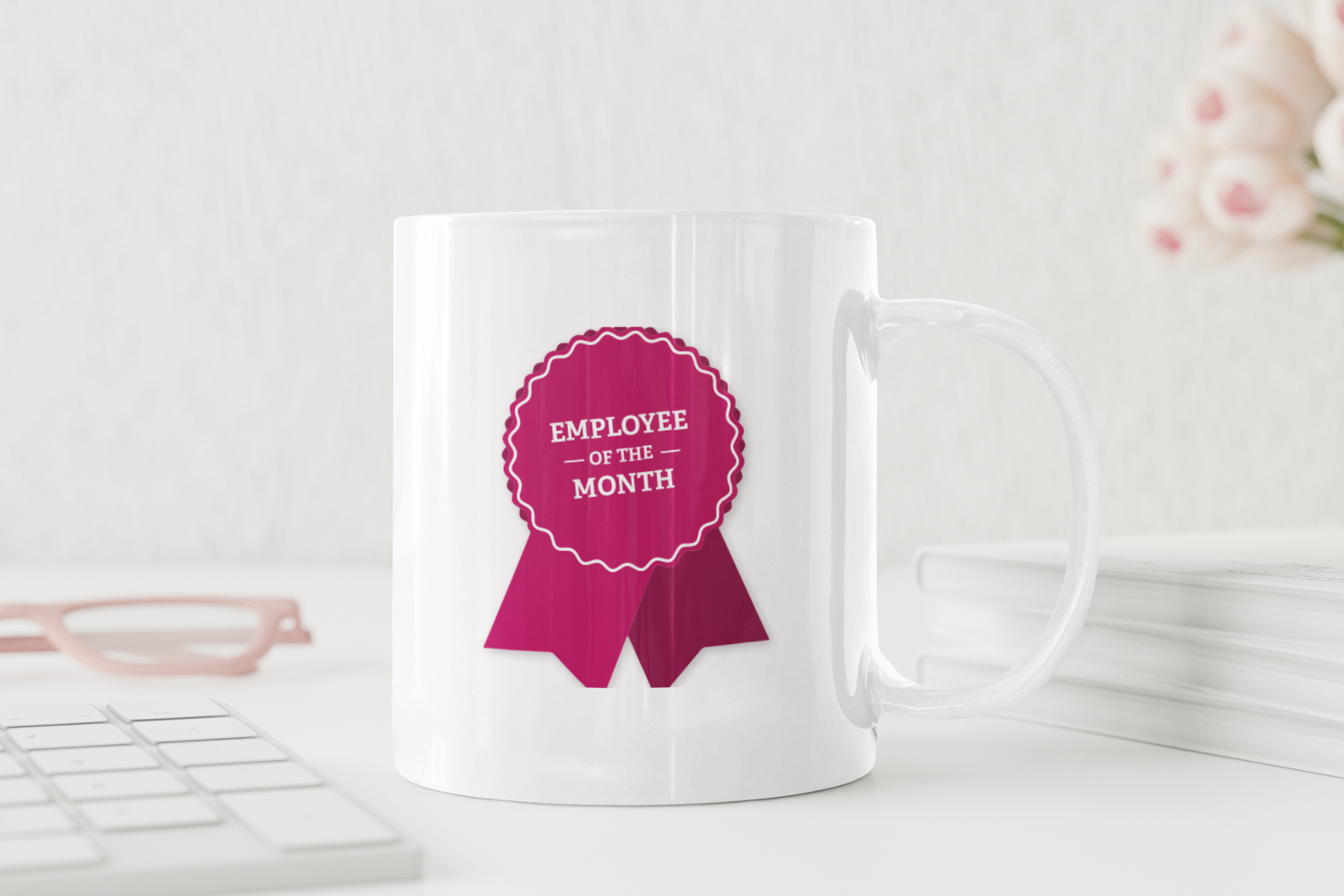 White Coffee Mug – "Employee of the Month Awardee" Pink Badge Print