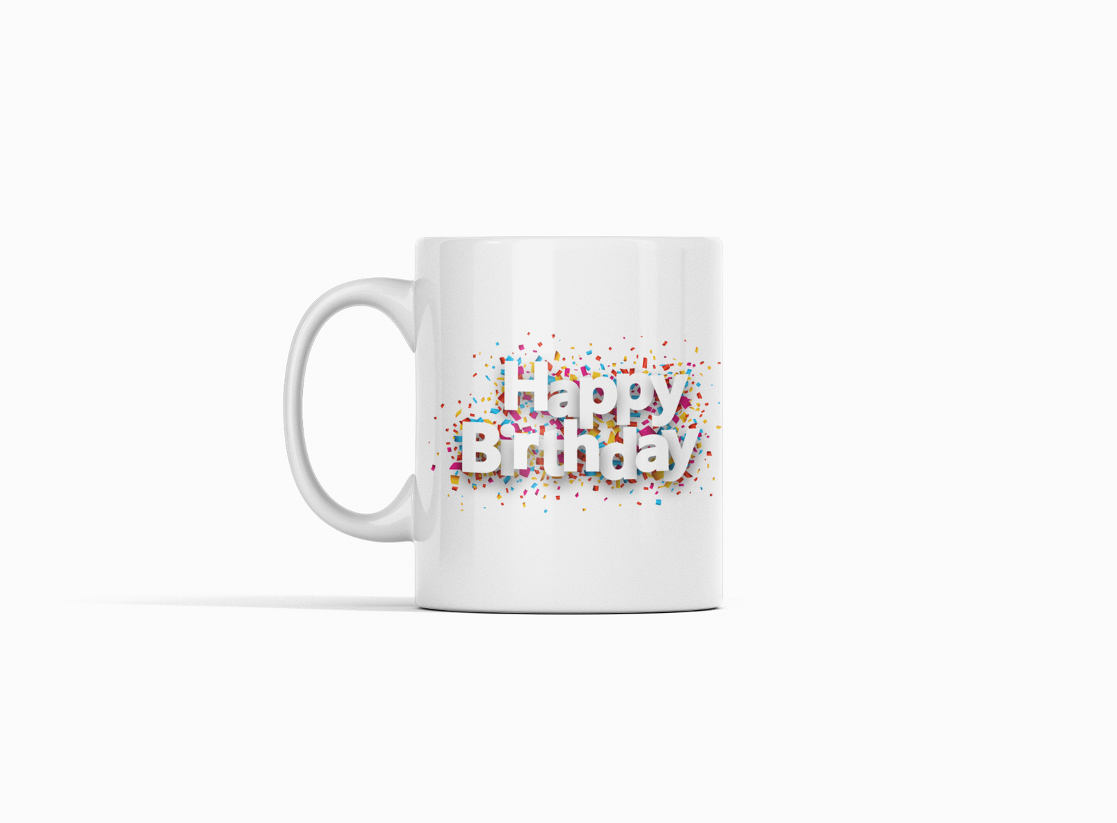 White Coffee Mug – "Happy Birthday" in Stylish 3D Impact with Colorful Shadow