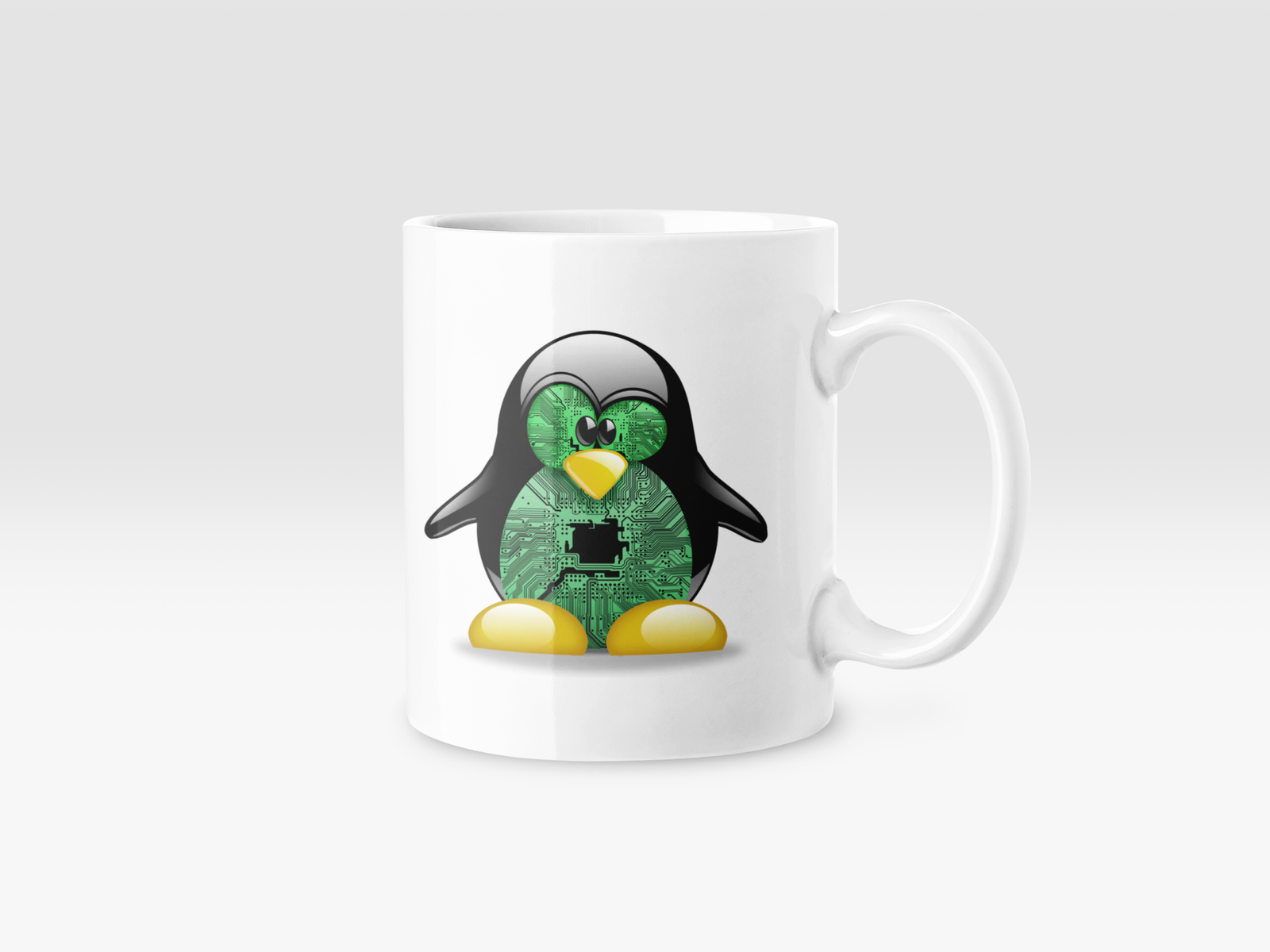 White Coffee Mug with Linux Penguin Circuit Logo – Perfect for Tech Geeks & Developers