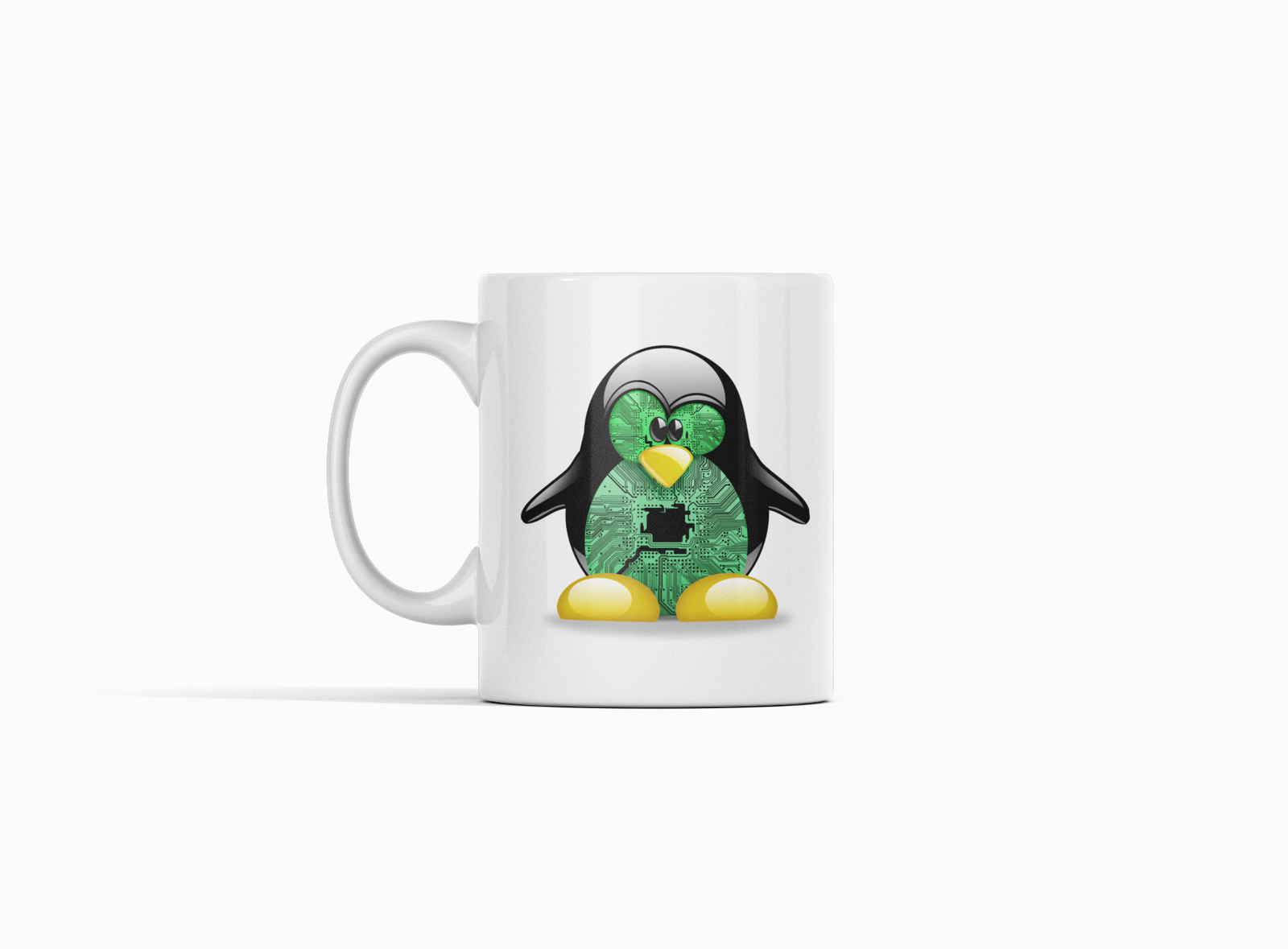 White Coffee Mug with Linux Penguin Circuit Logo – Perfect for Tech Geeks & Developers