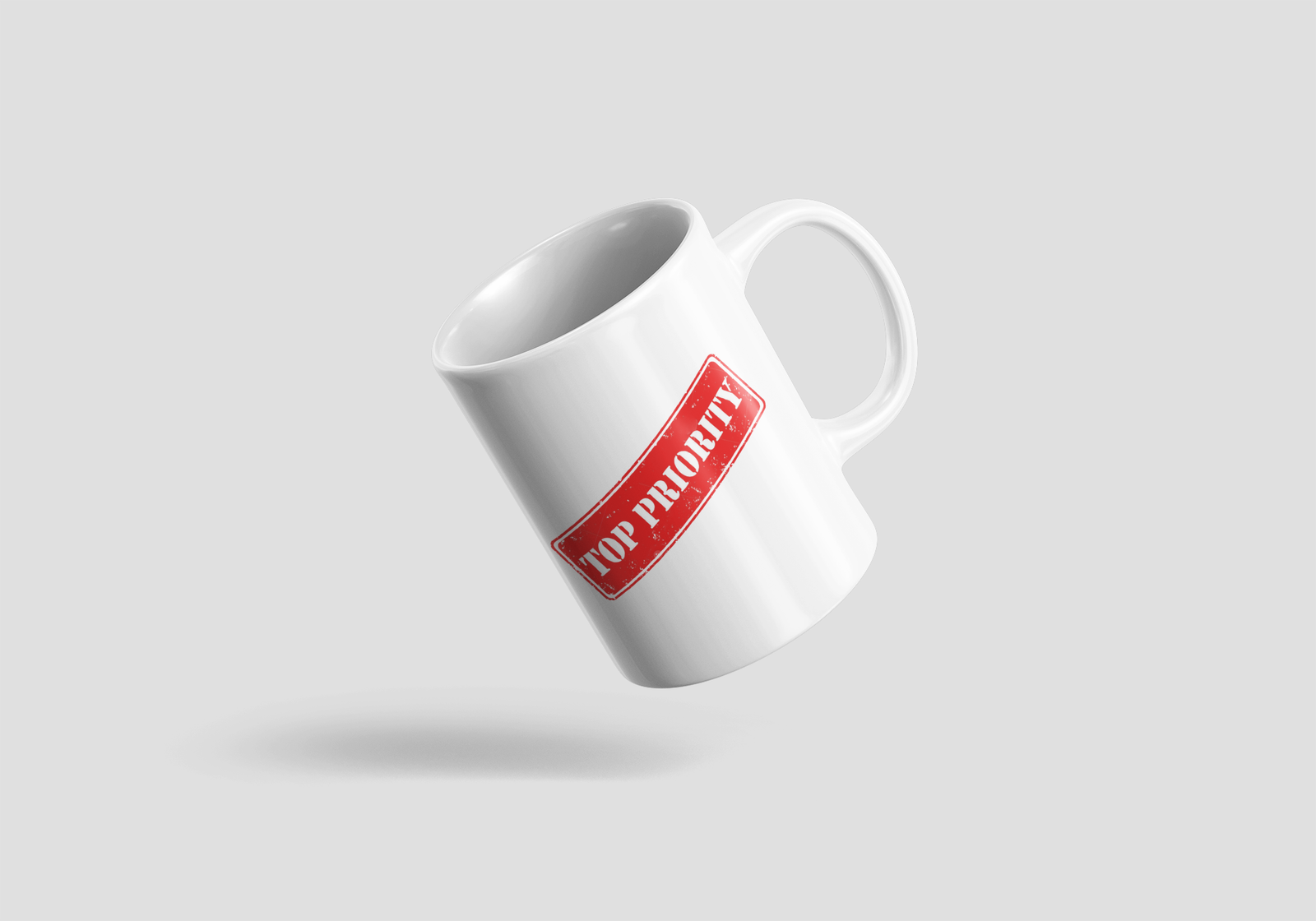 White Coffee Mug with "Top Priority" Stamp Design – Bold & Striking Print