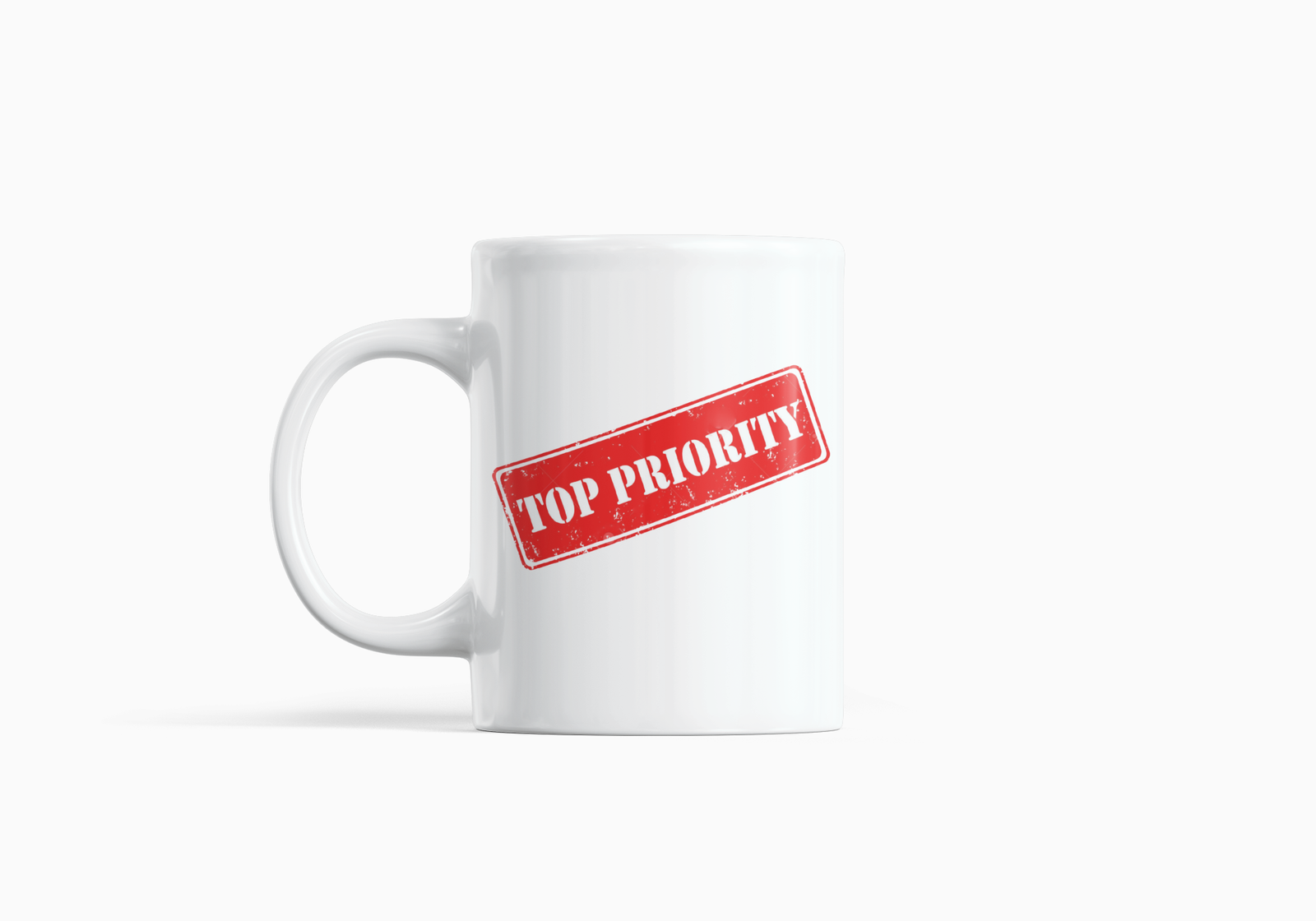 White Coffee Mug with "Top Priority" Stamp Design – Bold & Striking Print