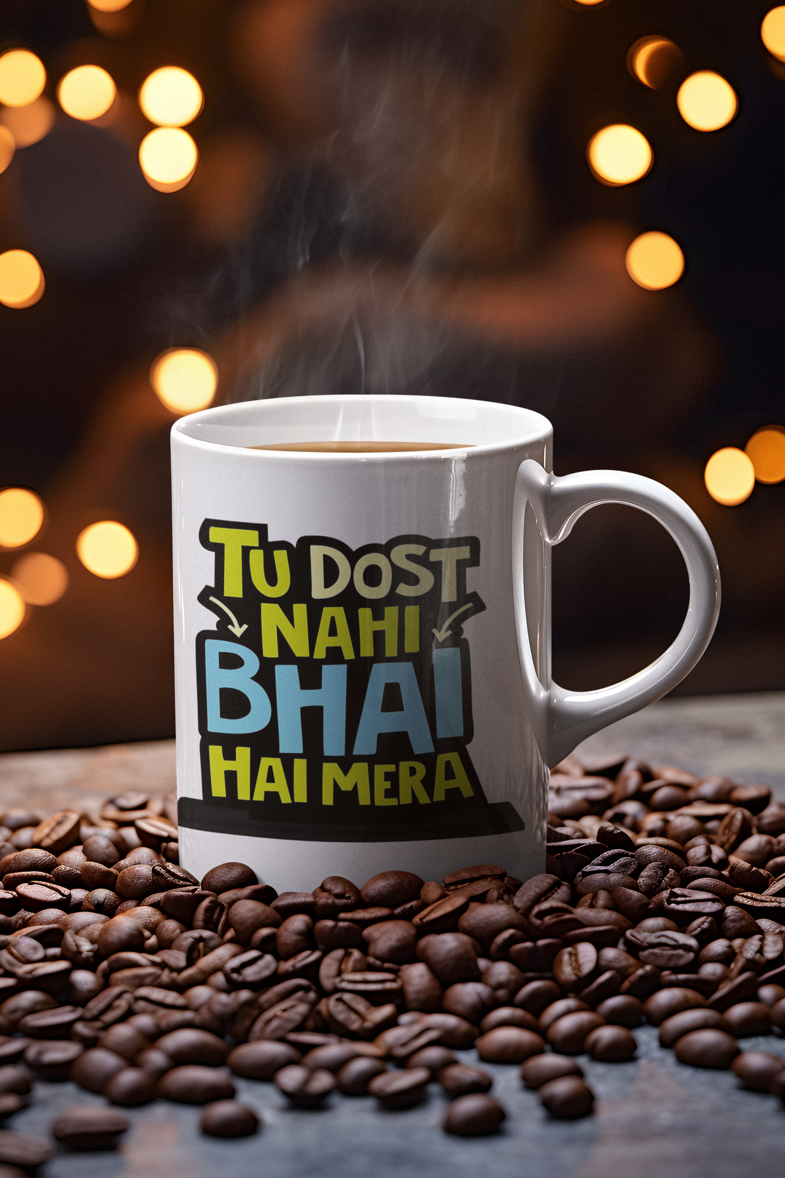 White Coffee Mug with Stylish Colorful Text – "Tu Dost Nahi Bhai Hai Mera"